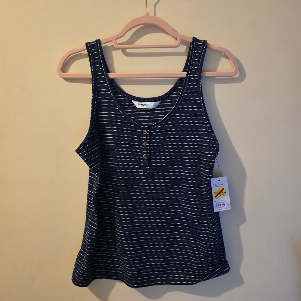 Sonoma Goods For Life Womens Navy Blue Striped Henley Tank Top Small NWT